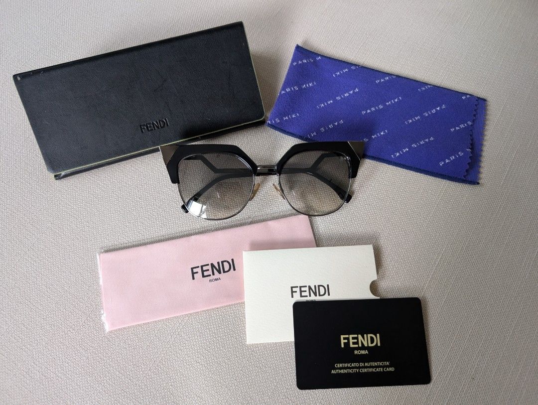 Fendi Cat-Eye Sunglasses (Category: Sunglasses & Eyewear) located in Pasig City. Submitted by ejereyes (Listing ID 1468971031, Image 1). Description: Fendi FF 0149/S (Iridia) Cat-Eye Sunglasses Guaranteed authentic Comes with complete original packaging - Original Fendi hard case, authenticity certificate card, and Fendi cleaning cloth Honest issues: Case material has minor peeling. This does not affect ths condition of the sunglasses :) RFS: Dow
