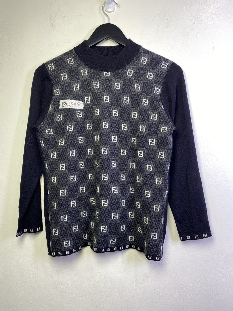 Fendi Mare FF Logo Wool Blend Sweater (Category: Luxury Apparel) located in Manila. Submitted by declutterpromax (Listing ID 1468976408, Image 1). Description: - Brand: Fendi Mare - Material: 80% Wool, 20% Acrylic (Warm and comfortable knitwear) - Color: Black and Grey with solid black sleeves - Design: Classic FF logo monogram pattern on the front panel with a ribbed mock neck - Origin: Made in Italy - Condition: Great for cooler weather and eve