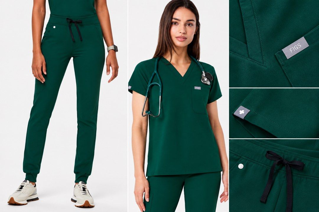 FIGS Scrub Set in Forest Green (Category: Sets or Coordinates) located in Manila. Submitted by patricia.ann (Listing ID 1469090439, Image 1). Description: Authentic FIGS scrub set in Forest Green - Top: V-neck, XXS - Bottoms: Jogger, XXS Petite *used thrice.