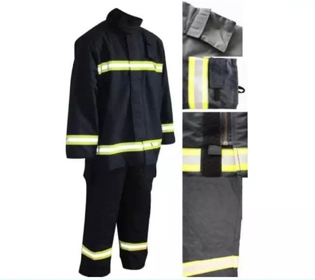 Firefighter Protective Suit Jacket And Trousers Set (Category: Coats, Jackets and Outerwear) located in Manila. Submitted by njgingo09238373 (Listing ID 1468958494, Image 1). Description: - Color: Dark navy blue with high-visibility yellow reflective stripes - Set includes: Heavy-duty firefighter jacket and matching trousers - Jacket features: High collar, secure front zipper, and functional flap pockets - Trouser features: Reflective striping ar