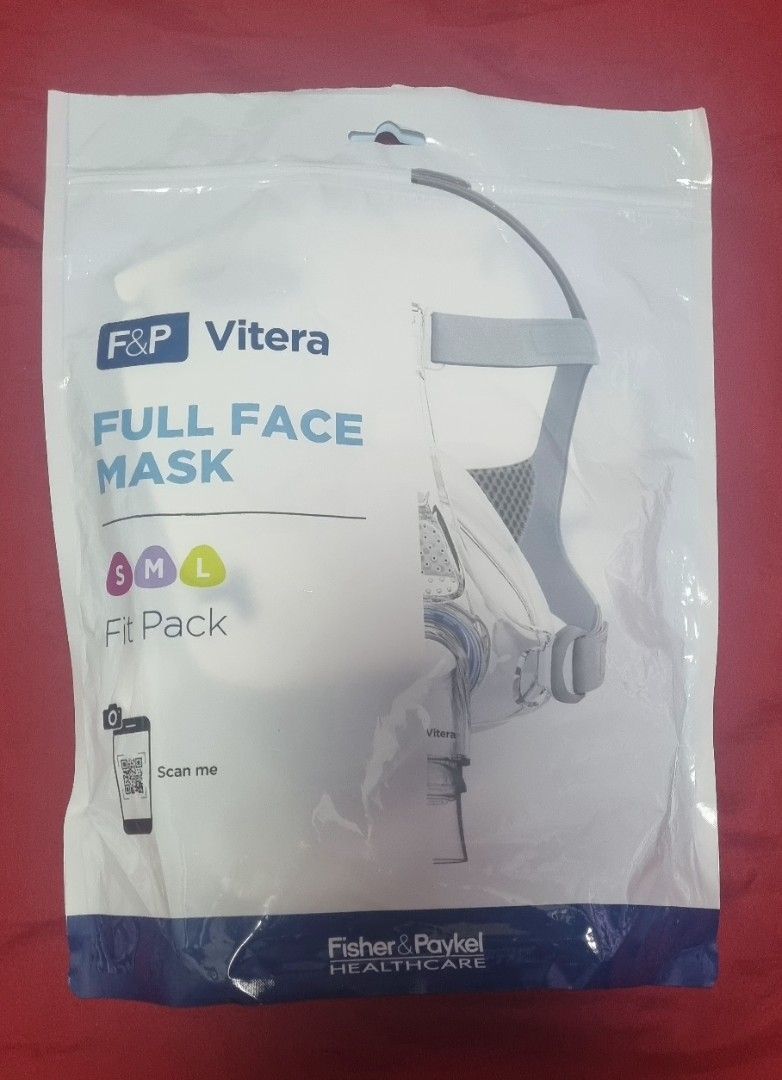 Fisher & Paykel Vitera Full Face Mask Fit Pack (Category: Face Masks & Face Shields) located in Manila. Submitted by ags028705 (Listing ID 1469158872, Image 1). Description: - Brand: Fisher & Paykel Vitera Full Face Mask - Condition: Brand new, factory-sealed, pristine condition - Fit Pack includes: Small, Medium, and Large cushion sizes in one package - Application: Designed for CPAP therapy use - Rationale: Get the perfect fit right away withou