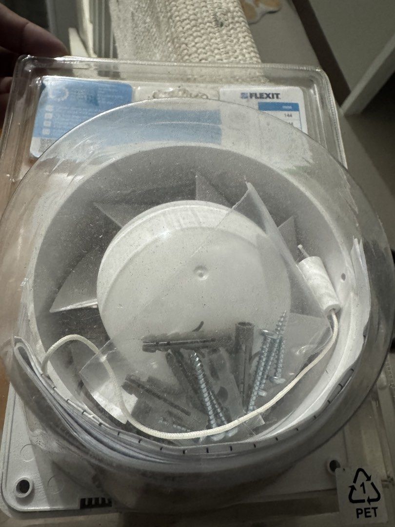 Flexit 100 B P Bathroom Fan with Pull Cord Switch (Category: Fans) located in Cavite. Submitted by marcuz1316 (Listing ID 1469091446, Image 3). Description: Flexit 100 B P bathroom fan, white plastic housing with horizontal louvers. Operates via pull cord switch. 100 mm outlet diameter. Sealed inside original clear plastic blister packaging. Mounting hardware, screws, wall plugs, and installation manual included inside the pack. Unopened packagin