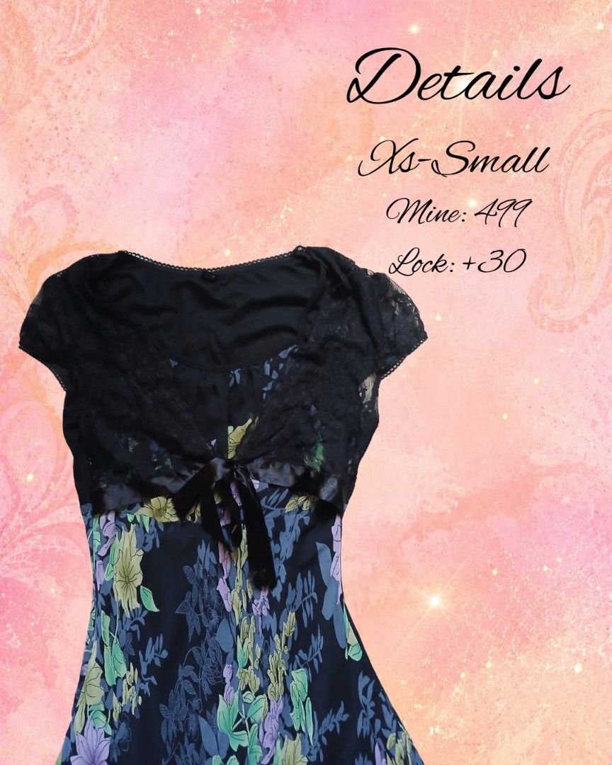 Floral pattern dress with black lace top (Category: Dresses) located in Antipolo. Submitted by mochisky (Listing ID 1468973147, Image 2). Description: - Set includes: Floral pattern skirt and black lace top - Size: XS to small - Neckline & Sleeves: Scooped neckline with short sleeves - Detail: Charming black ribbon tie at the center chest - Material: Flowy and falls nicely for a great fit.