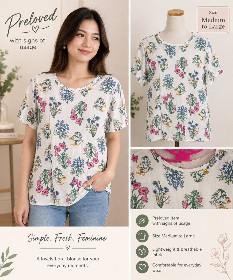 Floral Print Short Sleeve Blouse (Category: Blouses) located in Digos. Submitted by chicandglowbargains (Listing ID 1468985460, Image 1). Description: - Style: Feminine and simple floral short-sleeve blouse - Color/Pattern: White with colorful floral print all over - Size: Fits Medium to Large - Fabric: Lightweight and breathable, perfect for daily wear - Condition: Preloved with signs of use.