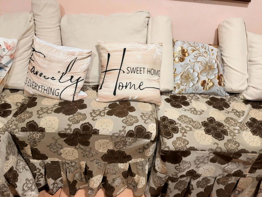 Sofa set with recliner chair (Category: Sofas) located in Manila. Submitted by puglord19 (Listing ID 1468973747, Image 3). Description: - Complete sofa cover set in warm earthy brown and beige tones - Includes floral patterned slipcovers and matching back cushions - Comes with decorative throw pillows featuring text and bird designs - Includes a soft, fluffy tan textured blanket - Made with comfortable fabric that protects furniture while adding 