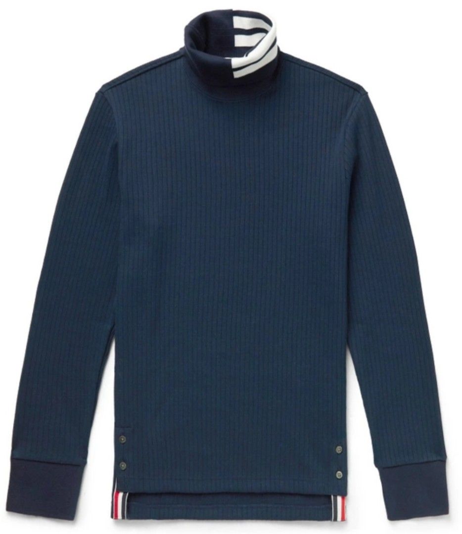 For Men - Thom Browne - Turtleneck (Category: Coats, Jackets and Outerwear) located in Bacolod City. Submitted by drop.ph (Listing ID 1469084035, Image 1). Description: Thom Browne 4 Stripe Turtle Neck Ribbed Sweater Authentic *Dark Navy *Size 2 fits M - 19.5x27, 29 back *Good as New *No flaws *Price: 8,500php *Add SF if outside Bacolod City.