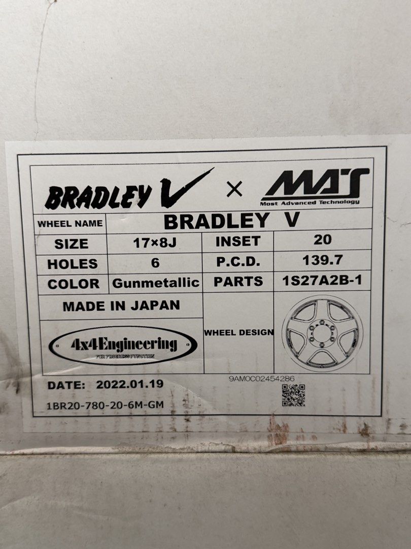 FOR SALE: 4x4 Engineering Bradley V Mag Wheels (Category: Mags and Tires) located in Quezon City. Submitted by oysterking (Listing ID 1468968239, Image 3). Description: FOR SALE: BRADLEY V Mag Wheels 6 HOLES 17x8J , GUN METALLIC COLOR, MADE IN JAPAN. LIKE NEW CONDITION NO SCRATCHES. COMPLETE WITH BOX. PRICE INCLUDES BRADLEY CENTER CAP BLACK..
