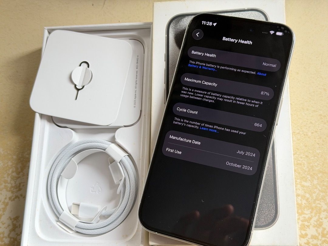 For sale - Iphone 15 pro (Category: iPhone 15 Series) located in Binan City. Submitted by jade_____ (Listing ID 1469029427, Image 2). Description: Iphone 15 Pro 256GB White titanium No Sim Restriction 87% Battery health All working, No issues, no repair Smooth, Complete cord with box..