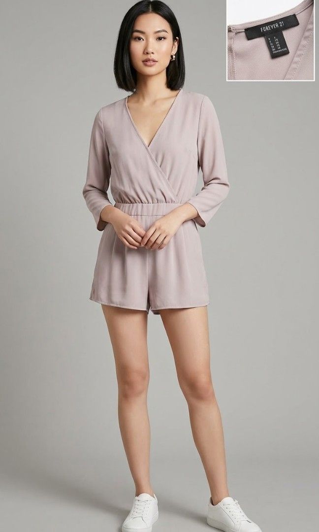 Forever 21 Mauve Wrap Romper Size S (Category: Rompers) located in Cavite. Submitted by mcthrifts (Listing ID 1468940783, Image 2). Description: Forever 21 mauve wrap romper, size details upon request. Features a V-neck, 3/4 sleeves, and an elasticized waist with a back zipper. Lightweight, super comfy, and worn only once. Freshly washed and ready to ship! Gcash maribank gotyme payment first.
