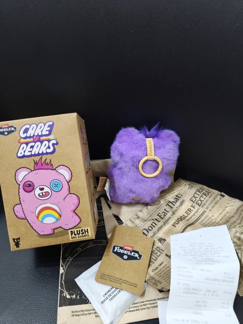 Fuggler care bears plush bag charm share bear (Category: Designer & Blind Box Toys) located in Pasay City. Submitted by biancabee25 (Listing ID 1468965489, Image 2). Description: good as new, complete inclusions below srp with paper bag, receipt, box foil and card rfs: impulse buy bought from Fully booked 10/17/26.