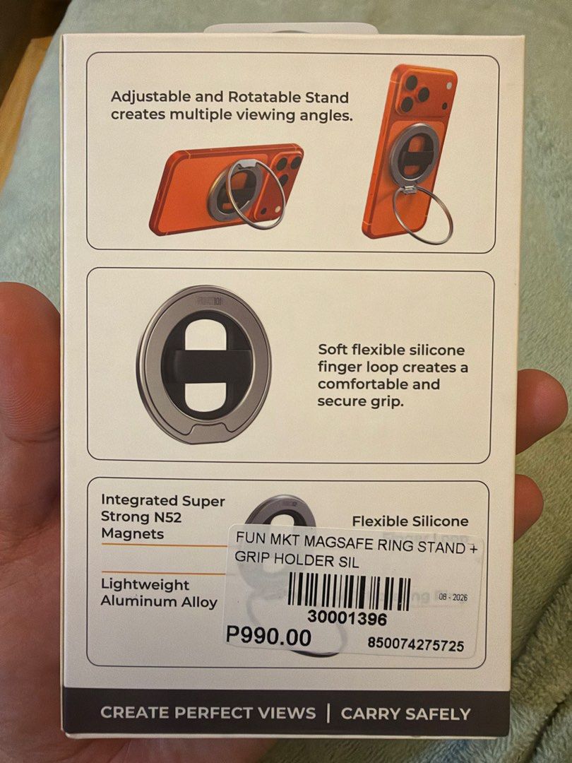 Function101 Magsafe Loop (Category: Cases & Sleeves) located in Quezon City. Submitted by law.1789 (Listing ID 1469101189, Image 2). Description: SRP - 990 Sale Price - 449 - Brand new Function101 MagSafe Loop - Multi-position ring stand and soft silicone finger loop for a secure, comfortable grip - Integrated super strong N52 magnets for secure attachment - Lightweight aluminum alloy construction with a slim design - 360-degree ring rotation and