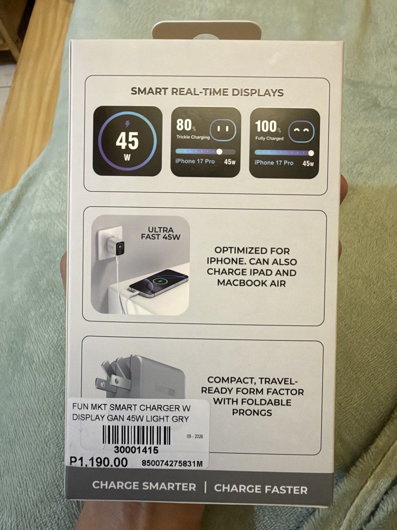 Function101 Smart Charger (Category: Chargers & Cables) located in Quezon City. Submitted by law.1789 (Listing ID 1469101379, Image 2). Description: SRP - 1190 Sale Price - 599 - Brand: Function101 Smart Charger (45W GaN Power Adaptor with Digital Display) - Color: Light Grey - Condition: Brand new in box - Features: PD Fast Charging, 45W maximum output, touch screen, USB Type-C, and GaN powered technology - Smart Real-Time Display: Monitors char