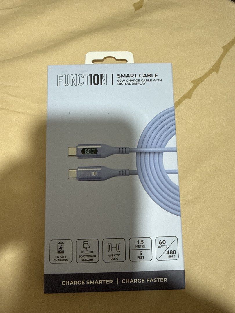 Function Smart 60W USB-C to USB-C Cable 1.5m (Category: Chargers & Cables) located in Quezon City. Submitted by sbcarrot (Listing ID 1469073266, Image 1). Description: - Brand new in box, unopened package - Function smart cable with built-in digital display - USB-C to USB-C connection, 1.5 metre length - Supports 60W Power Delivery fast charging - 480 Mbps high-speed data transfer - Premium soft-touch silicone material in a stylish light blue col