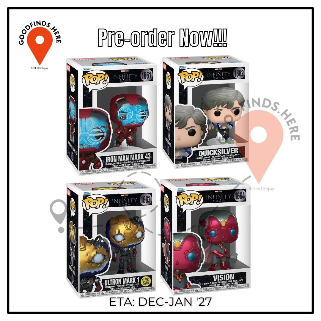 Funko: Infinity Saga Preorder (Category: Action & Battle Toys) located in Pasig City. Submitted by goodfinds.here (Listing ID 1469043342, Image 1). Description: ❗Funko: Infinity Saga Preorder❗ ▪️Iron Man Mark 43 ▪️Quicksilver ▪️Ultron Mark 1 GITD ▪️Vision ₱800 each / DP: 400 each ETA: Q1 2027 (subject for DELAY or to change without prior notice) ❗For Pre-order ONLY, No extra available❗ DOWNPAYMENT is required to RESERVE SLOT/S once order is confi