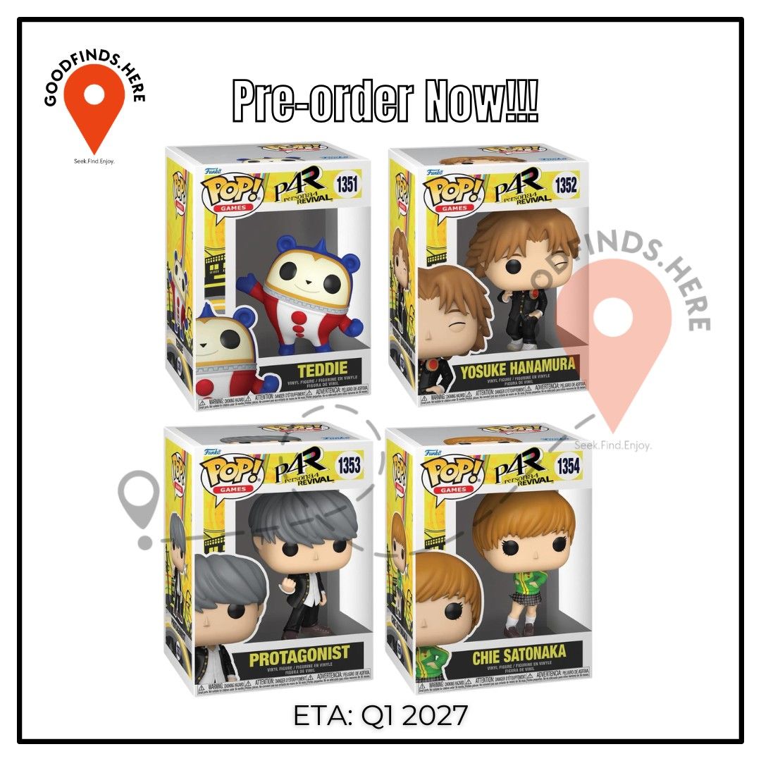 Funko: Persona 4 Revival Preorder (Category: Action & Battle Toys) located in Pasig City. Submitted by goodfinds.here (Listing ID 1469037974, Image 1). Description: ❗Funko: Persona 4 Revival Preorder❗ ▪️Teddie ▪️Yosuke Hanamura ▪️Protagonist ▪️Chie Satonaka ₱800 each / DP: 400 each ETA: Q1 2027 (subject for DELAY or to change without prior notice) ❗For Pre-order ONLY, No extra available❗ DOWNPAYMENT is required to RESERVE SLOT/S once order is con
