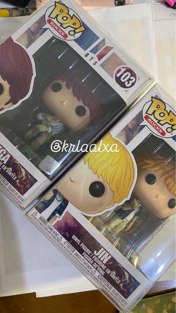 Funko Pop Rocks BTS #103 SUGA and #104 Jin (Category: Designer & Blind Box Toys) located in Manila. Submitted by krlaalxa (Listing ID 1469128794, Image 1). Description: BTS Funko Pop #103 SUGA #104 Jin Official On hand Selling as a set for 1,000 PAYO MOP: Gotyme/GCash MOD: GGX or LBC .