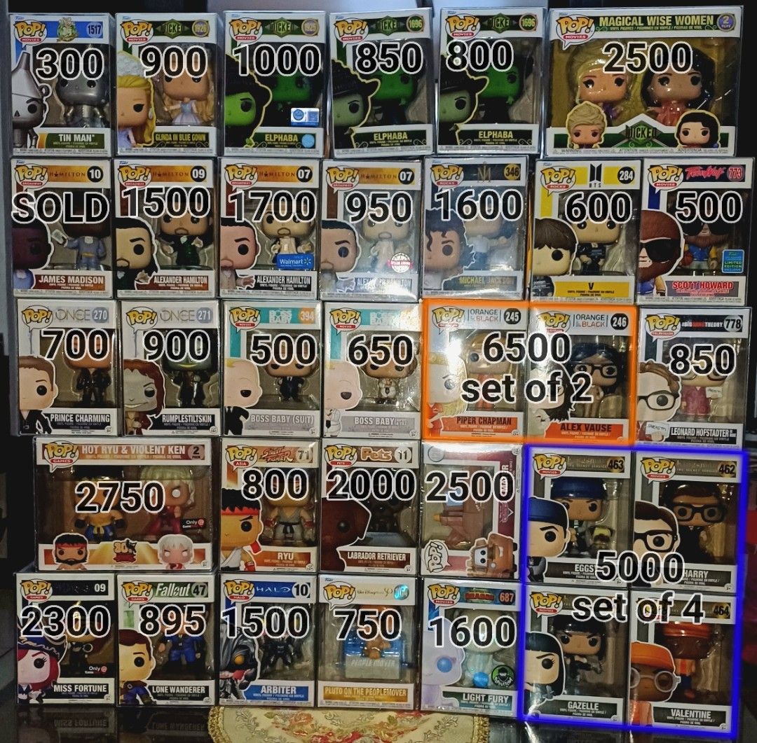 Funko Pop Vinyl Figures Assorted Collection (Category: Designer & Blind Box Toys) located in Taguig. Submitted by naxinator (Listing ID 1469121726, Image 1). Description: - Massive collection of Funko Pop vinyl figures available - Features popular franchises: Wicked, Hamilton, Once Upon a Time, Street Fighter, Halo, Kingsman, and more - Includes characters like Elphaba, Tin Man, James Madison, Ryu, Arbiter, and Harry - Individual prices and bundl