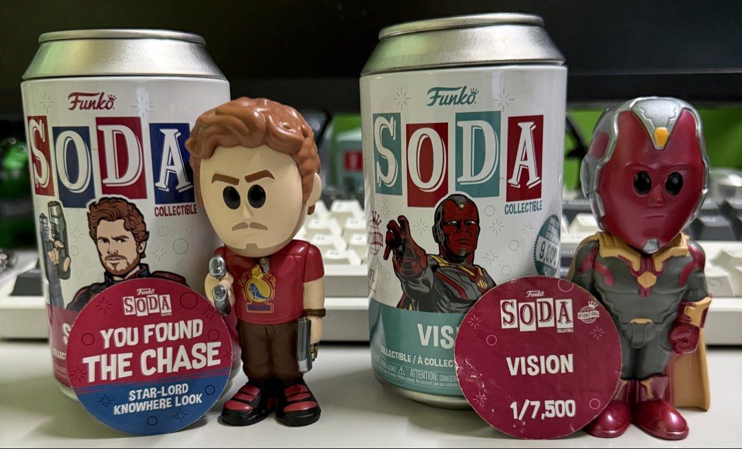 Funko Soda (Star-Lord & Vision) (Category: Action & Battle Toys) located in Caloocan City. Submitted by dmarc (Listing ID 1469019879, Image 1). Description: Star-Lord chase - 1,200 Vision - 400.