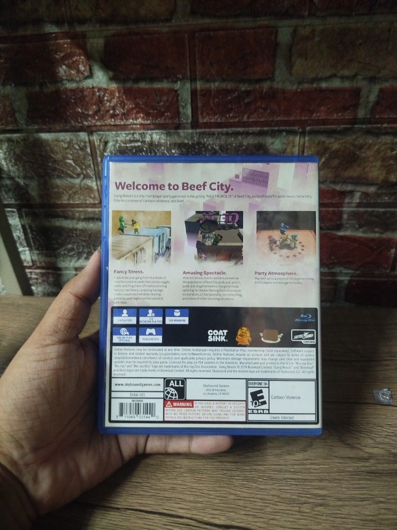 Gang Beasts PS4 Game Disc with Case (Category: PlayStation) located in Binan City. Submitted by pumpkiiin02 (Listing ID 1468990428, Image 2). Description: - Title: Gang Beasts - Platform: PlayStation 4 (PS4) - Condition: Includes original blue case and game disc - Genre: Multiplayer party game / physics-based brawler - Features: Hilarious couch co-op for game nights - ESRB Rating: E 10+ (Everyone 10 and older).