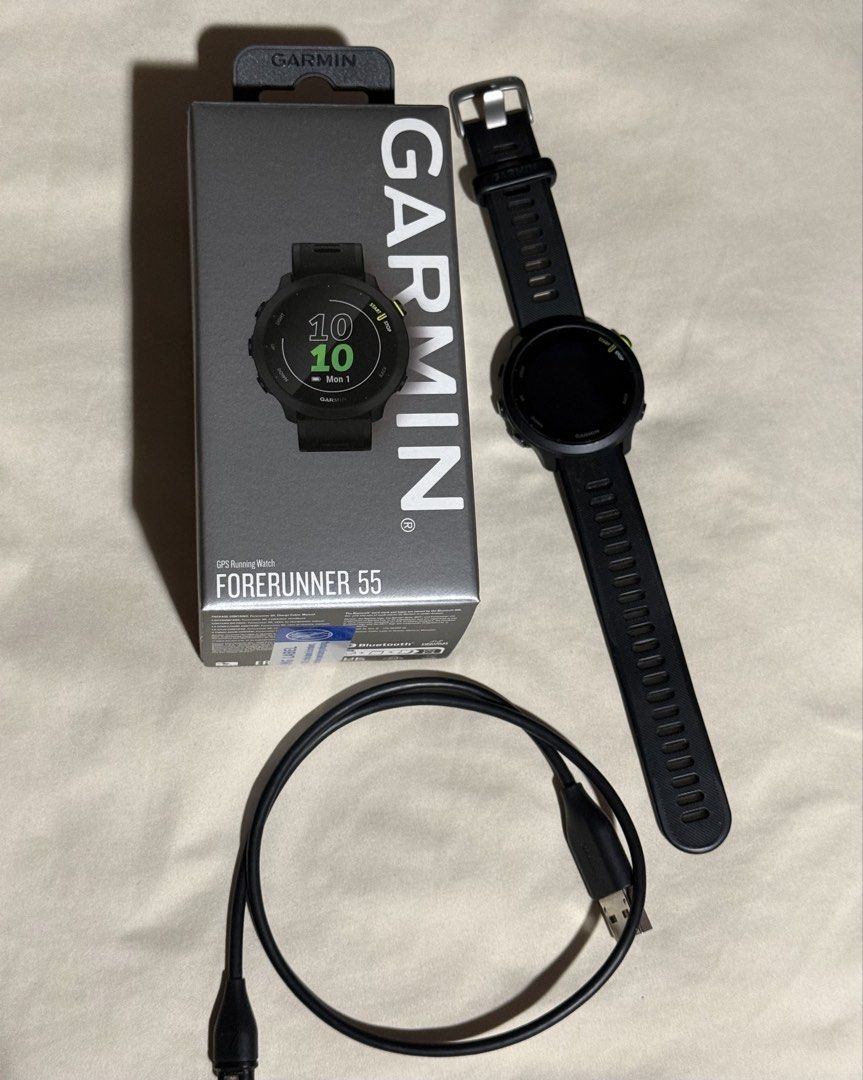 Garmin Forerunner 55 (Category: Wearables & Smart Watches) located in Taguig. Submitted by gee08 (Listing ID 1469120974, Image 1). Description: Used; With original box and charger cable Personal owned Good battery life RFS: Upgraded to a higher version.