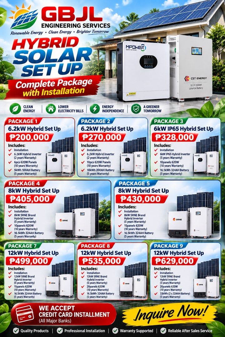 GBJL Hybrid Solar Set Up Complete Package With Installation (Category: Home Improvement Tools & Accessories) located in Las Pinas. Submitted by csjsoiral-68630 (Listing ID 1469107219, Image 1). Description: GBJL Engineering Services Hybrid Solar Setup Packages - 9 different package options available from 6.2kW to 12kW systems - Complete setup with professional installation included - High-efficiency 620W solar panels with 10 years warranty - Reli