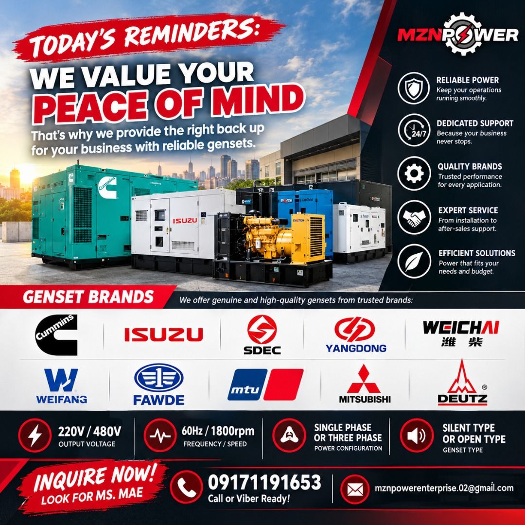 Generator Sets, Generator Rentals, Services and Parts (Category: Construction & Building Materials) located in Talisay. Submitted by generatordepotbymae (Listing ID 1468982539, Image 1). Description: TODAY’S REMINDER: WE VALUE YOUR PEACE OF MIND! ⚡ Your business deserves reliable power, dependable performance, and uninterrupted operations. At MZNPOWER, we understand that having the right backup power solution is not just an investment in equipmen