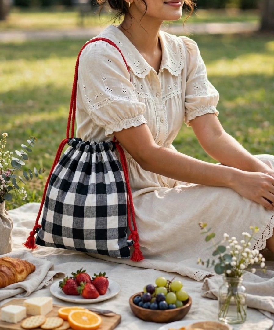 Gingham Check Drawstring Bag - Black White Plaid with Red Rope - Target One Size (Category: Tote Bags) located in Cainta. Submitted by yugenken (Listing ID 1469102901, Image 3). Description: 🖤🤍❤️ GINGHAM DRAWSTRING TOTE 🖤🤍❤️ Trendy buffalo check! DETAILS: - Pattern: Black / White / Gray buffalo check / gingham - Style: Drawstring closure with red rope straps - Material: Soft woven cotton - Tag: 【entity-Target¦canonical_name=Target】 020120123 