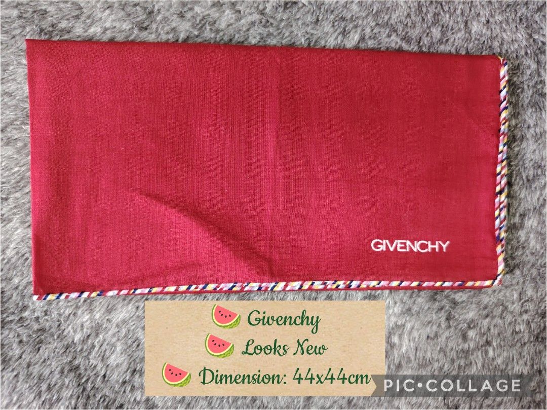 GIVENCHY PANYO (Category: Scarves) located in Valenzuela. Submitted by anna.banana10 (Listing ID 1469093075, Image 1). Description: - Brand: Givenchy - Item: Pocket square / scarf - Color: Red with multi-colored striped trim and white embroidered branding - Size: 44 x 44 cm - Material: Soft fabric texture - Condition: Excellent, clean, no stains or damage found - Neat and ready to use.