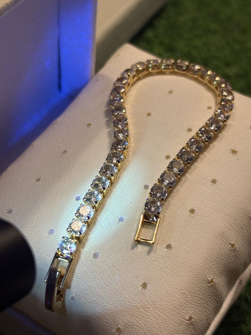 Gold tone tennis bracelet (Category: Bracelets) located in Davao. Submitted by ememlou17 (Listing ID 1469072196, Image 3). Description: tennis beacelet Size7-7.5 No markings Rodium/ Platinum over copper based metal Tarnish resistant with extra care Message me directly📩.