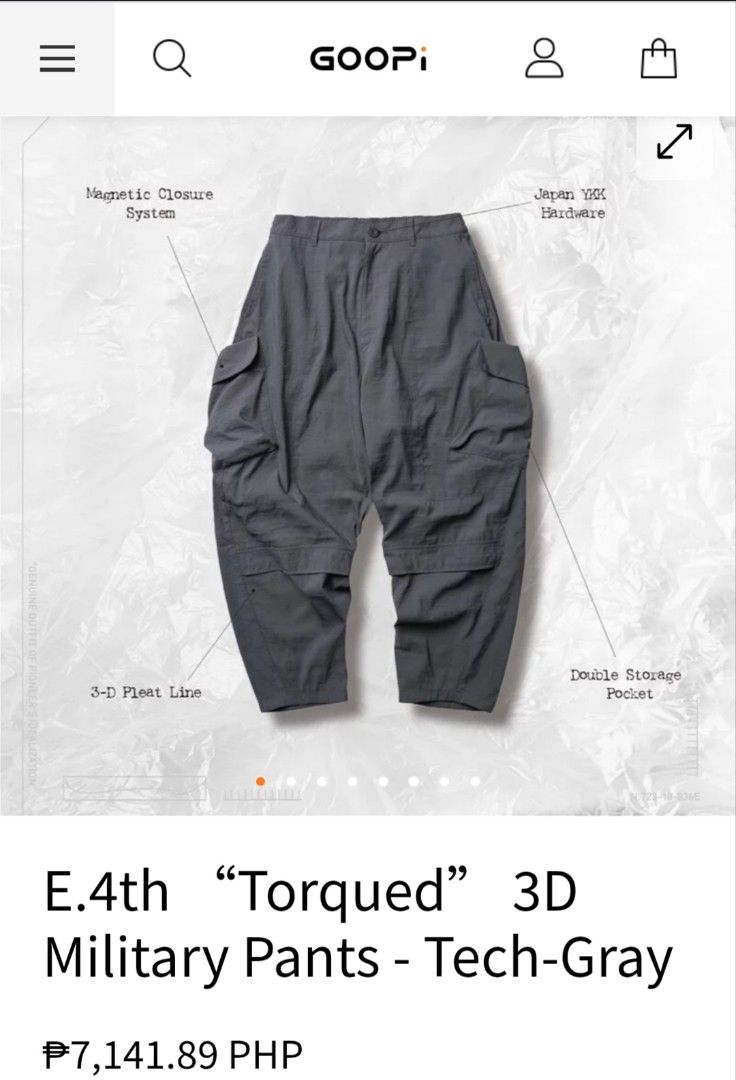 GOOPiMADE - E.14th "Torqued" 3D Military Pants - Tech-Gray (Category: Jeans) located in San Fernando. Submitted by son.twice.stuff (Listing ID 1469084535, Image 1). Description: Item: GOOPiMADE - E.14th "Torqued" 3D Military Pants - Tech-Gray Tagged Size: 1 Dimensions Waistline: 13" To 17" Rise: 14.5" Thigh: 14" Length: 37.5" Inseam: 24" Leg Opening: 7.5" Condition: Excellent Made In Taiwan Material 100% Nylon Price: 2800 Free Shipping.