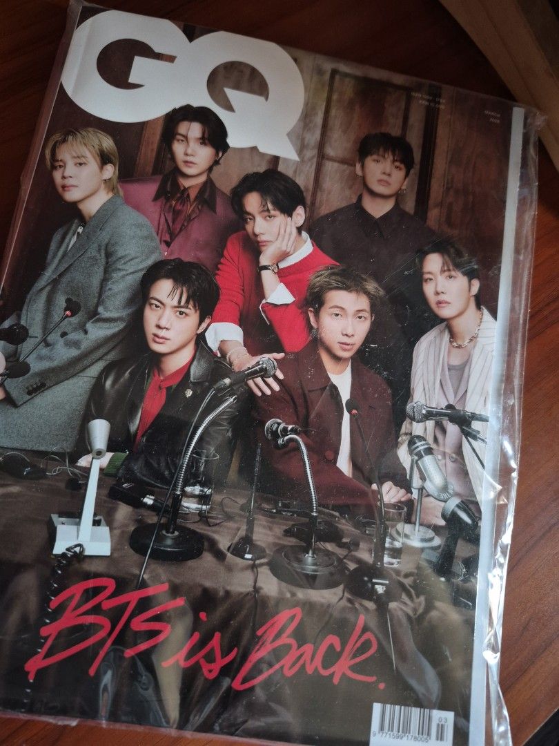 GQ Magazine BTS Cover March Edition (Category: Magazines) located in Imus. Submitted by shopestepanimey (Listing ID 1469012718, Image 1). Description: - Item: GQ Magazine March Edition - Cover Stars: BTS members - Highlight: Bold red 'BTS is Back' lettering and exclusive microphone shoot setup - Condition: Brand new, still in original plastic packaging - Perfect for: BTS fans and magazine collectors - Rarity: Great addition to any K-pop collectio