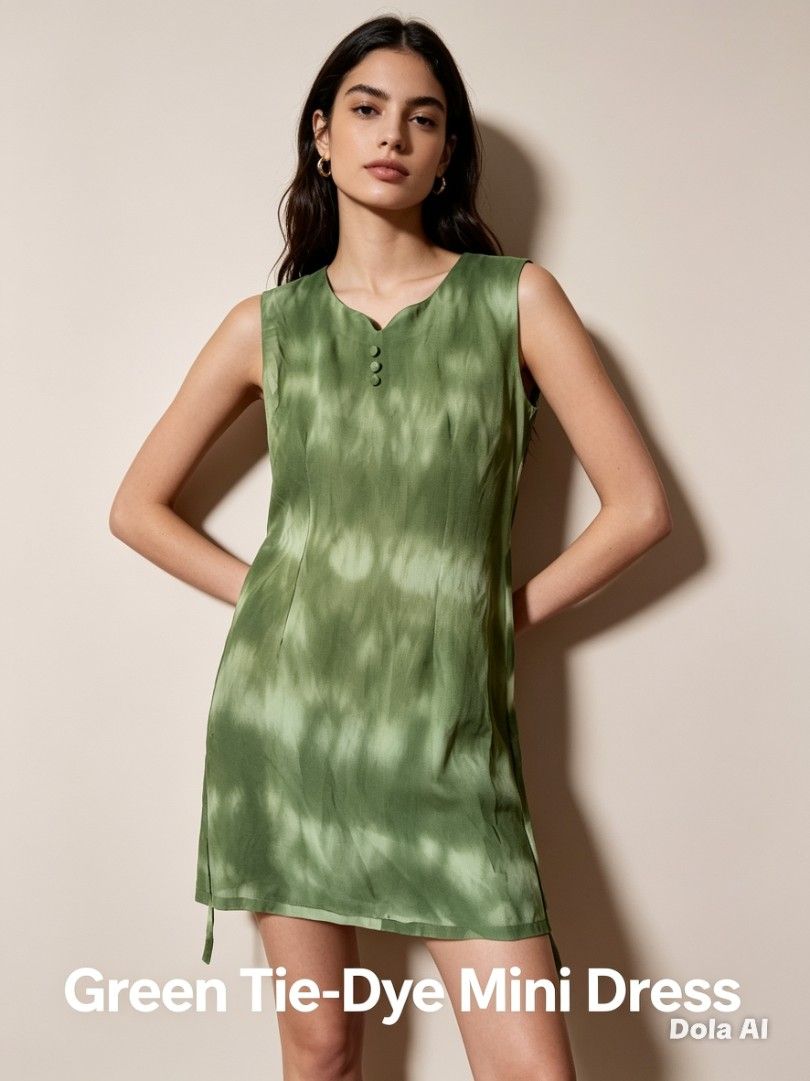 Green Tie-Dye Mini Dress (Category: Dresses) located in Manila. Submitted by f.s_prelov3d (Listing ID 1468988890, Image 1). Description: - Cute green tie-dye mini dress - Sleeveless design - Button details at the neckline - Perfect for casual outings or summer parties - Versatile styling with sandals or sneakers.