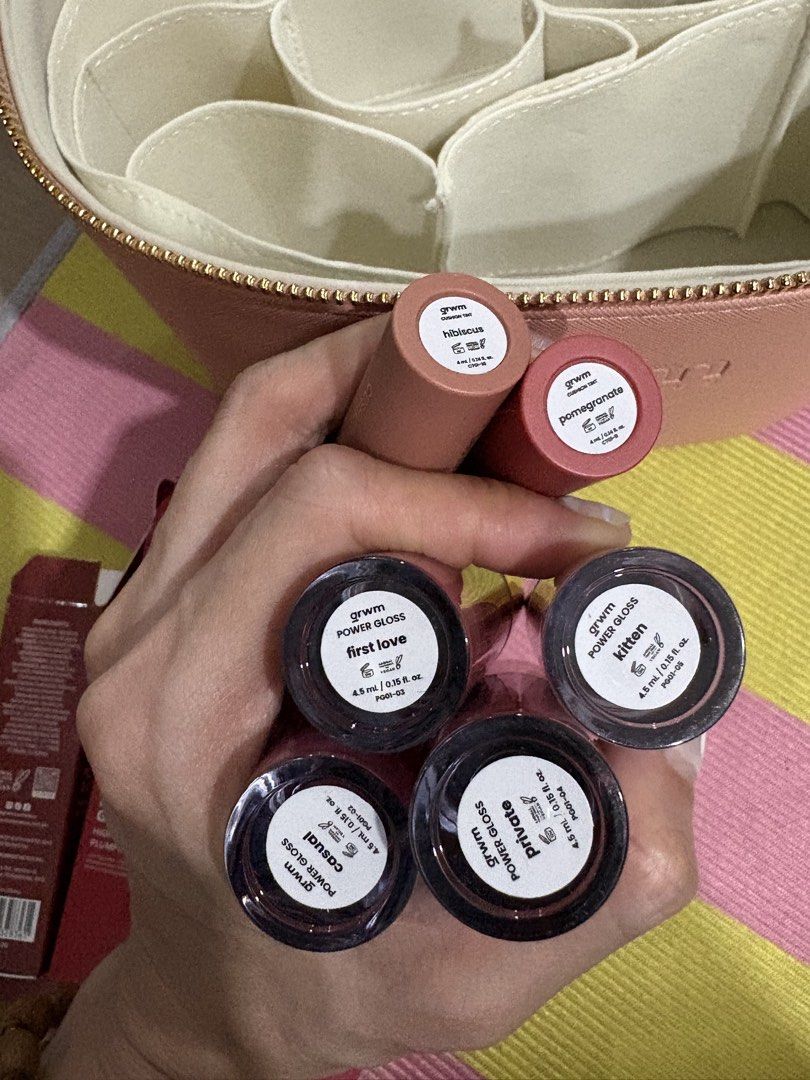 GRWM Power Gloss Lip Tint and Pouch (Category: Makeup) located in Cavite. Submitted by stuffsheloved (Listing ID 1469086611, Image 2). Description: -only swatched once -comes with makeup bag - Includes 4 Power Gloss High Shine Plumping Gloss & 2 Cushion Tint velvet lip stains - Shades and expiry on photo - selling as set RFS: decluttering FREE shipping to cavite or MM.