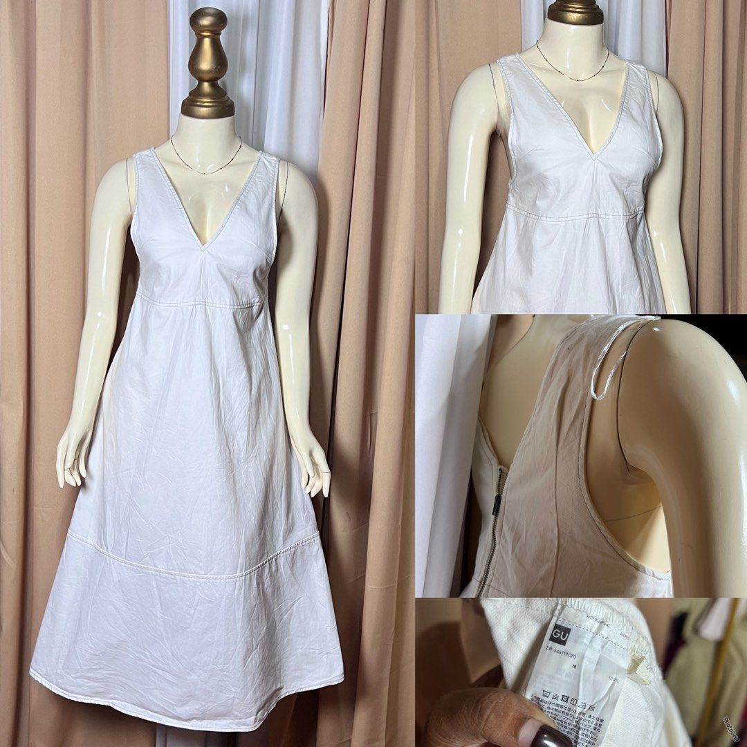 GU White V-Neck Midi Dress (Category: Dresses) located in Kidapawan. Submitted by frizzyjayne (Listing ID 1469062989, Image 1). Description: - Brand: GU - Color: Classic White - Style: Sleeveless midi dress with deep V-neckline, empire waist, and flared hem - Material: 100% breathable cotton - Closure: Hidden back zipper - Condition: Excellent / Like new - Versatility: Perfect basic piece for warm weather, easy to dress up or down.