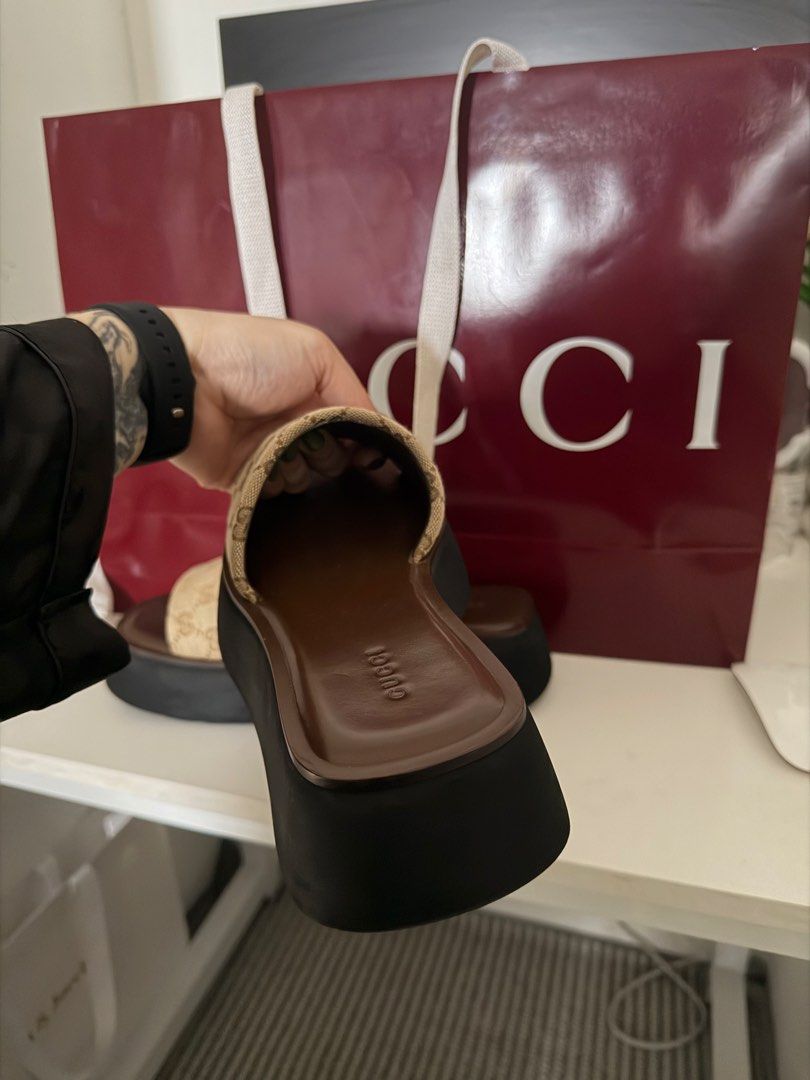 Gucci GG Canvas Platform Slides (Category: Sneakers & Footwear) located in Caloocan City. Submitted by iwa_017 (Listing ID 1469040869, Image 2). Description: Authentic Gucci slides - NEW ARRIVAL from Gucci Original price 51,500 Can fit to size 8 (I'm size 8) - Purchased from Gucci Shangri-La Plaza last June 13, 2026 - complete inclusions with original Gucci box, paper bag, two dust bags for each sandal - Includes original receipt -I only used thi