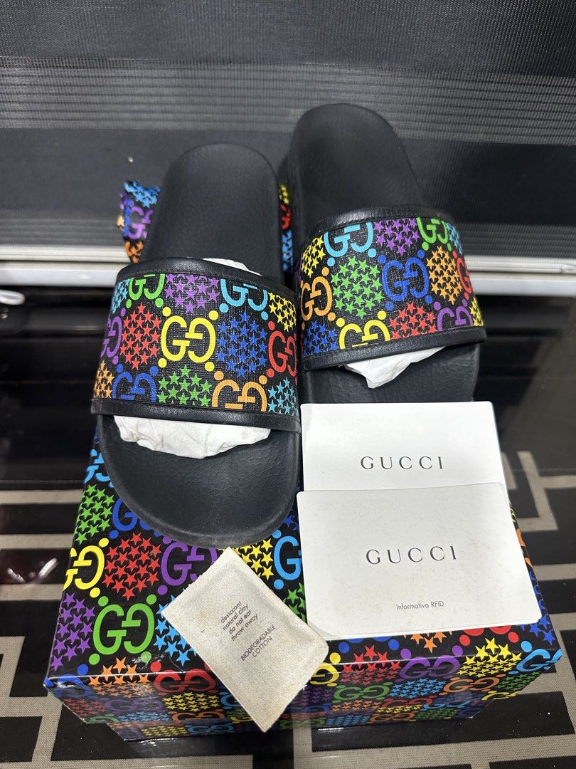 Gucci Slide (Category: Slippers and slides) located in Tarlac. Submitted by rizasdeclutteringonline2 (Listing ID 1468982643, Image 1). Description: Gucci GG Psychedelic Slide - used but not abuse - may rubs sa isang side - no cracks - di sya namumuti talaga sa personal. Dahil lang sa ilaw yan. 3 kasi na ilaw yun nakatutok sa taas. - with dustbag 2pcs na may tag - with cards - size 6 - kasya sakin 38-39 - with box - Not free po sa SF - I bought it