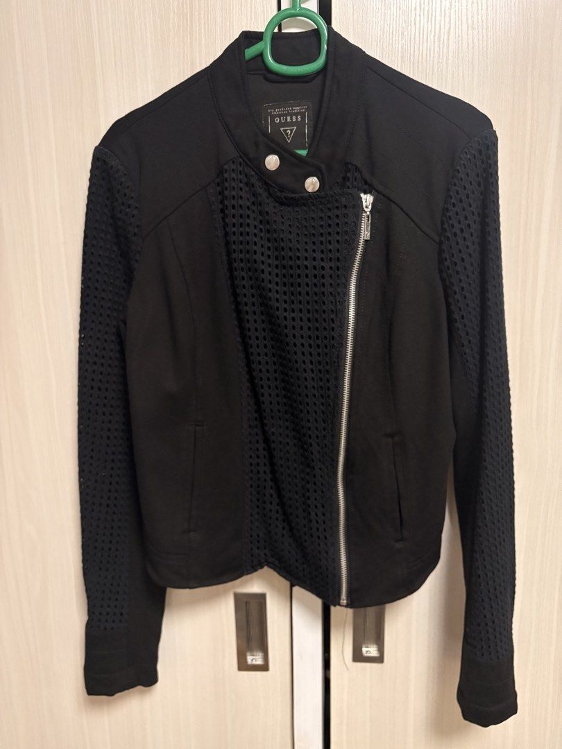 Guess Black Mesh Detailed Biker Jacket Size M (Category: Coats, Jackets and Outerwear) located in Naga. Submitted by christinescollections (Listing ID 1468956491, Image 2). Description: - Brand: Guess - Size: Medium - Color: Black - Design: Asymmetric front zipper with snap button collar and unique mesh paneling - Pockets: Functional pockets on both sides - Condition: Clean, tags intact inside the collar This is really super nice. I just have too