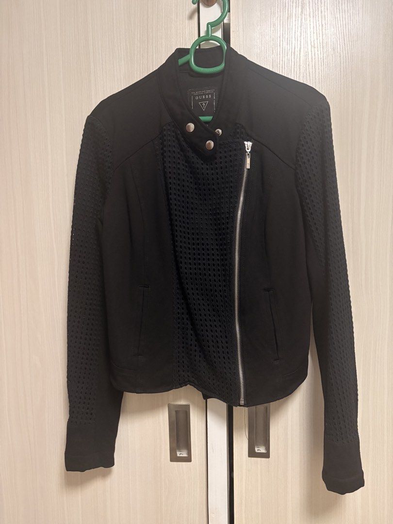 Guess Black Mesh Detailed Biker Jacket Size M (Category: Coats, Jackets and Outerwear) located in Naga. Submitted by christinescollections (Listing ID 1468956491, Image 1). Description: - Brand: Guess - Size: Medium - Color: Black - Design: Asymmetric front zipper with snap button collar and unique mesh paneling - Pockets: Functional pockets on both sides - Condition: Clean, tags intact inside the collar This is really super nice. I just have too