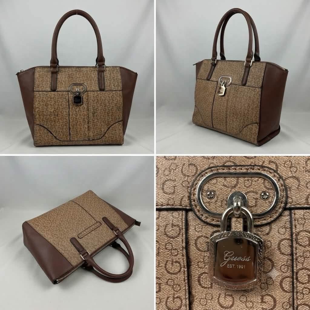 Guess Brown Monogram Tote Bag with Padlock Charm (Category: Shoulder Bags) located in Makati City. Submitted by ca.declutter (Listing ID 1469156005, Image 1). Description: - Brand: Guess - Style: Tote bag in classic brown monogram print with dark brown faux leather side panels - Handles: Dual carry handles for comfortable shoulder or hand carry - Closure: Secure zip-top closure with a clean interior lining - Special Feature: Front pocket accented