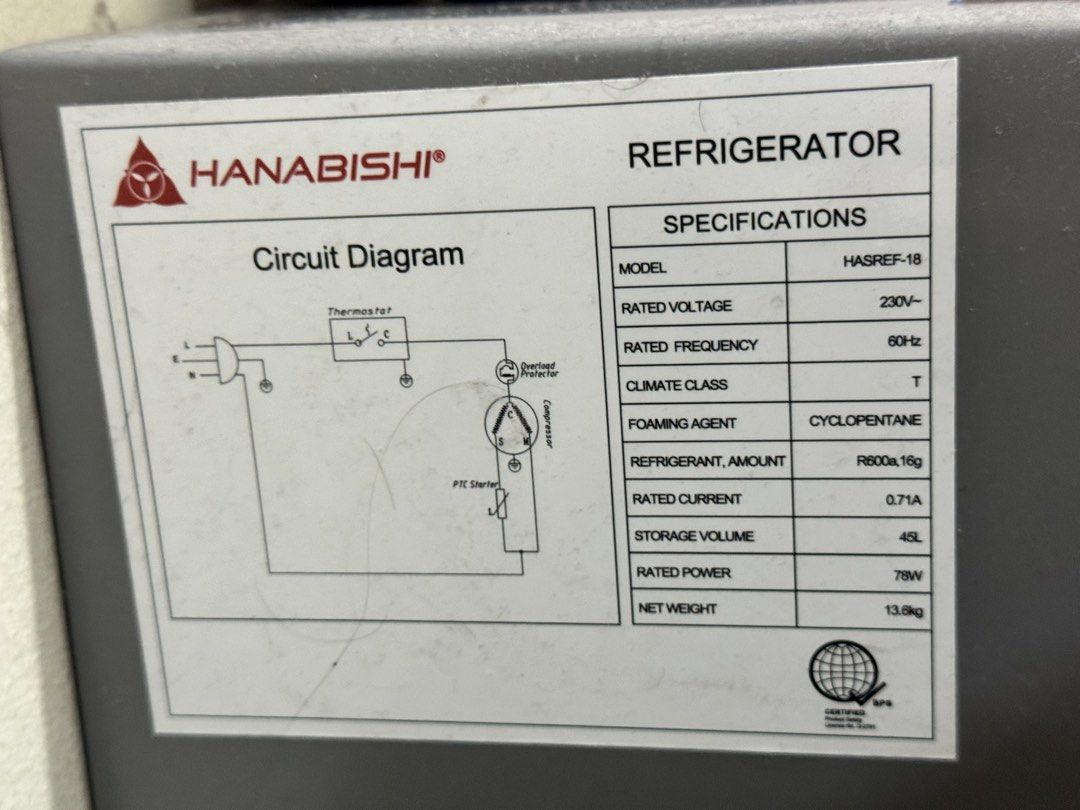 Hanabishi HASREF-18 Mini Refrigerator (Category: Refrigerators and Freezers) located in Valenzuela. Submitted by jjojacola (Listing ID 1468983380, Image 2). Description: - Brand/Model: Hanabishi HASREF-18 - Capacity: 1.8 cubic feet with separate freezer compartment - Control: Mechanical temperature control with adjustable front leg - Power: 230V, 60Hz, 78W (uses eco-friendly R600a refrigerant) - Design: Space-saving, lightweight at 13.6kg - Ideal