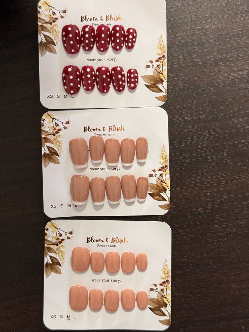 HAND MADE press ons (thick) (Category: Hands & Nails) located in Iloilo. Submitted by lovedbysachi (Listing ID 1468959269, Image 1). Description: RFS: hindi bagay sa kulay ko huhu Size: all MEDIUM Red polka (customized): 150 French tip (customized): 300 Skin tone (customized): 160 Free sf for 2 orders and up.