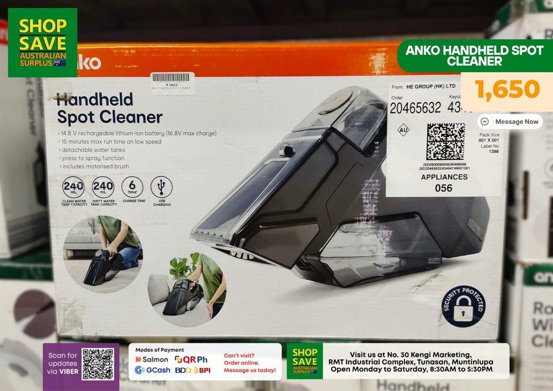 Handheld & Multi Purpose Spot Cleaner for Sofa/Bed (Category: Vacuum Cleaner & Housekeeping) located in Muntinlupa City. Submitted by aussie.surplustore (Listing ID 1468949230, Image 2). Description: Look for: JANINE -0948 098 5387 Surplus from Australia Location: Muntinlupa.