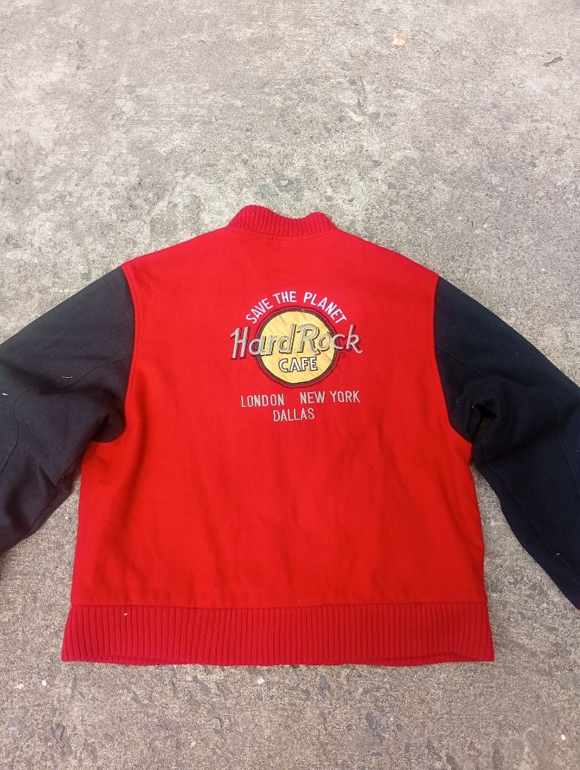 Hard Rock Cafe Varsity Jacket Red Black (Category: Coats, Jackets and Outerwear) located in Angeles City. Submitted by ronnymanzano (Listing ID 1468978981, Image 2). Description: Good and Well maintained Condition 9/10 Color Rate: 9/10 Issue: tag has cut (see last photo) 22*26.