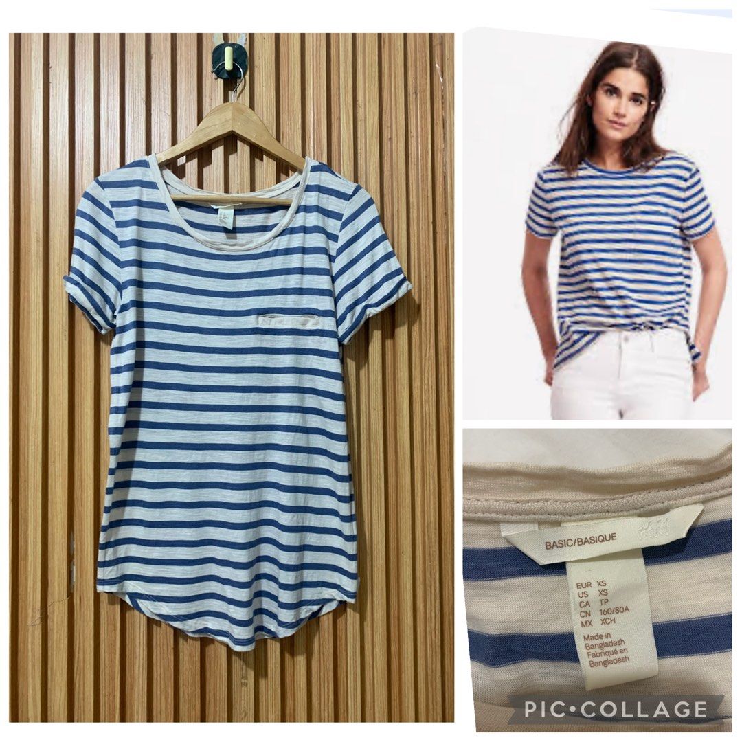 H&M Basic Blue Striped T-Shirt (Category: Shirts) located in Koronadal. Submitted by girlish1105 (Listing ID 1469155452, Image 1). Description: - Brand: H&M - Style: Basic white and blue striped t-shirt - Size: XS - Details: Short sleeves, scoop neck, one chest pocket, curved hemline - Material: Comfortable cotton - Condition: Great for everyday casual wear and easy to match with jeans or shorts.