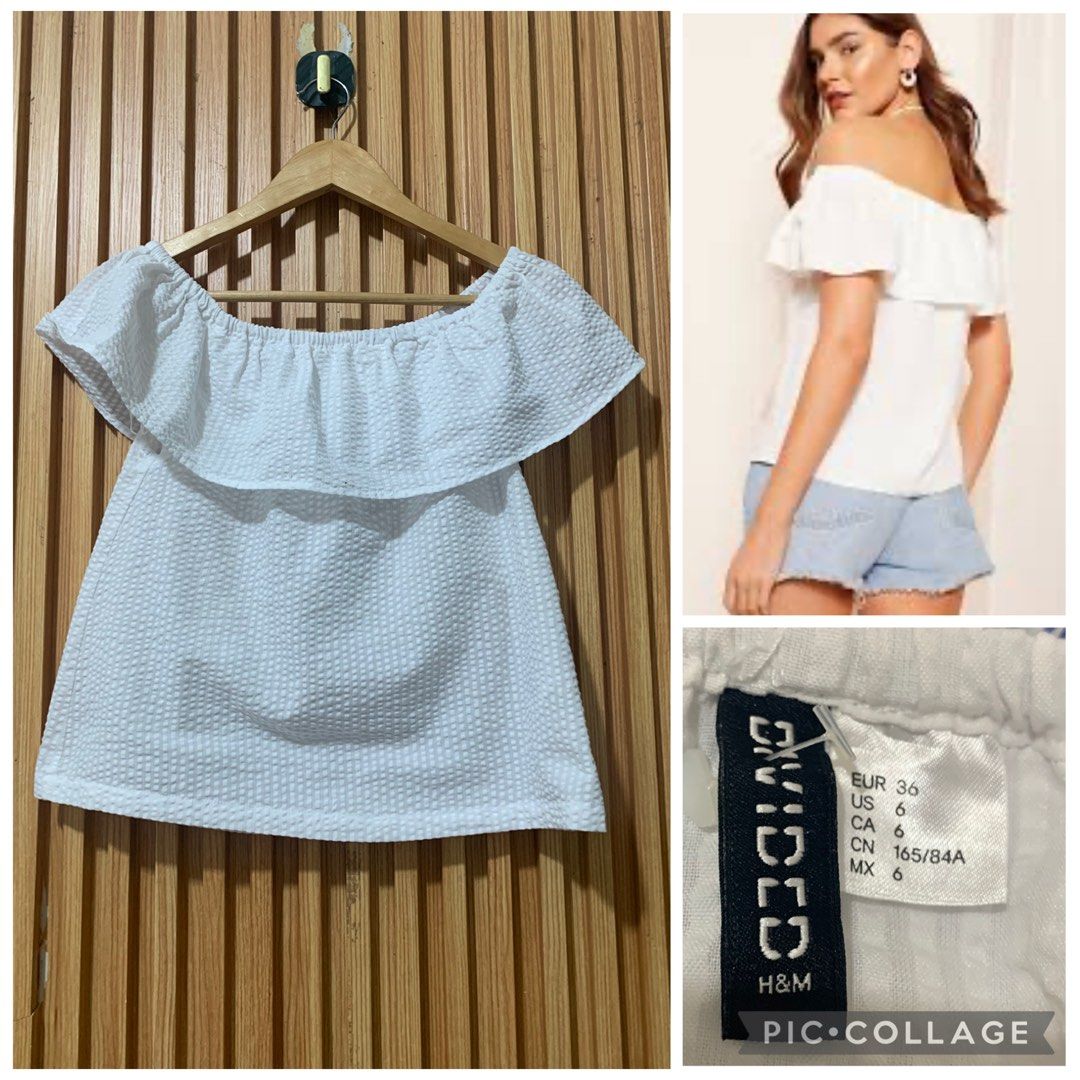 H&M Divided Off-The-Shoulder Ruffle White Top (Category: Blouses) located in Koronadal. Submitted by girlish1105 (Listing ID 1469156883, Image 1). Description: - Brand: H&M Divided - Style: Off-the-shoulder top with ruffle detail and textured fabric - Color: White - Size: EUR 36 / US 6 - Condition: Worn a few times, washed and stored carefully, no stains or damage - Perfect for casual days and easy to pair with jeans or shorts.