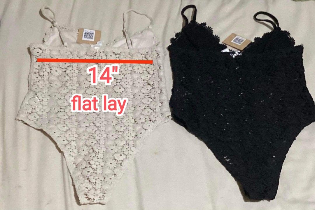 H&M Lace Bodysuit Black and White Set (Category: Undergarments & Loungewear) located in Paranaque City. Submitted by calm_youngstore7 (Listing ID 1469100522, Image 2). Description: - Brand new with tags attached - Colors available: Black and Cream - Features a delicate floral lace pattern throughout - Adjustable spaghetti straps for a custom fit - Flat lay width: 14 inches ₱1499 each.