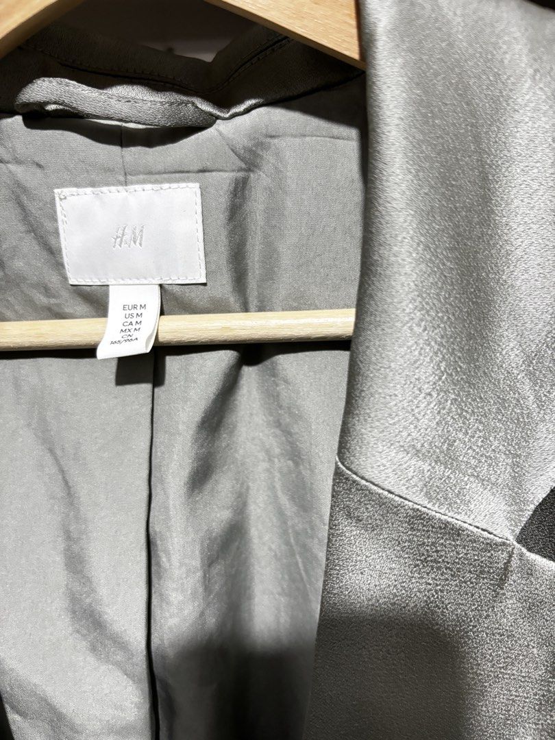H&M Satin Single-Breasted Blazer and Pants (Set) (Category: Sets or Coordinates) located in Makati City. Submitted by amarthas.closet (Listing ID 1469036990, Image 3). Description: Texture: Satin-like Blazer: - Length: 77 cm - H&M size: Medium Trouser: - Length: 101 cm - Waist: 35.5 cm - H&M size: EUR 38, US 6.