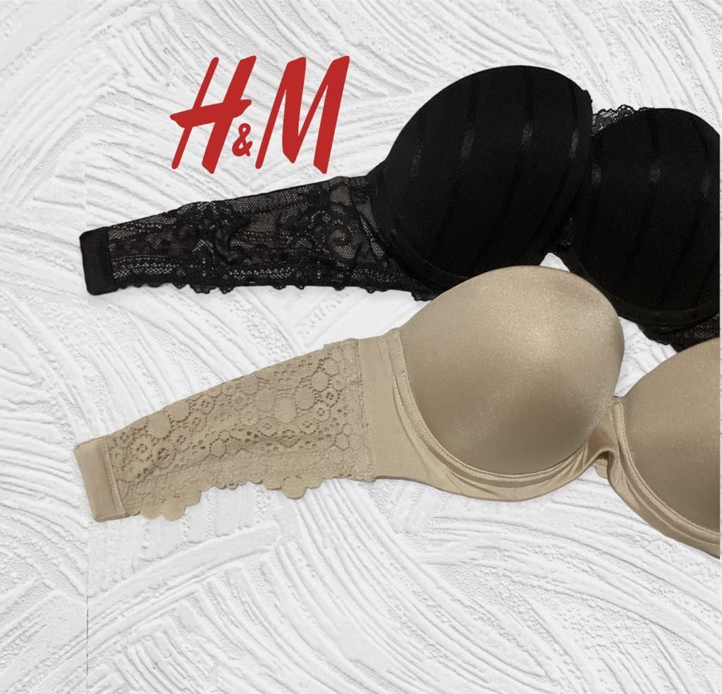 H&M Strapless Padded Bra Set Black Nude (Category: Undergarments & Loungewear) located in Paranaque City. Submitted by calm_youngstore7 (Listing ID 1469103657, Image 2). Description: - Brand: H&M - Set of 2 colours: Black (with lace wings) and Nude Beige (with patterned lace sides) - Features: Underwire support, molded w cups, and smooth finish for fitted tops - Extras: Detachable straps included in the pack - Condition: Brand new with tags attac