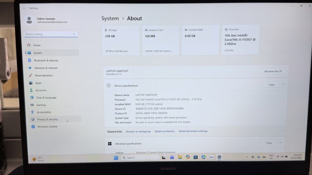 HUAWEI D15 i5 (8/250) (Category: Laptops & Notebooks) located in Binan City. Submitted by kuyathan (Listing ID 1469088854, Image 2). Description: Original legit Authentic, NO ISSUE, NO SWAP, No repair history & NO TO RESELLERS 8GB RAM, 250GB storage, iCore5 11th gen, SSD 6 hours battery life with original charger (type C) With bag. NEGOTIABLE PRICE FIR NEARBY BUYER.