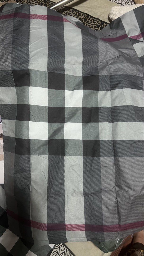 HYJ 3-Piece Grey Plaid Bed Cover Set (Category: Bedding & Towels) located in Pasig City. Submitted by zebteashoppe01 (Listing ID 1469020403, Image 2). Description: HYJ 3-piece bedding set in a grey plaid pattern with burgundy accents. Includes one bed cover measuring 60x78+8 inches and two pillowcases measuring 18x28 inches. Still sealed inside the original plastic packaging. Soft fabric with clean finished seams along the edges..